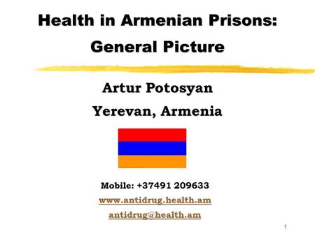 1 Health in Armenian Prisons: General Picture Artur Potosyan Yerevan, Armenia Mobile: +37491 209633