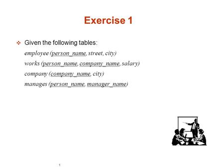 1 Exercise 1  Given the following tables: employee (person_name, street, city)‏ works (person_name, company_name, salary)‏ company (company_name, city)‏