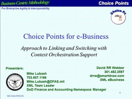 1 Choice Points for e-Business Approach to Linking and Switching with Context Orchestration Support Choice Points  For Enterprise Agility.