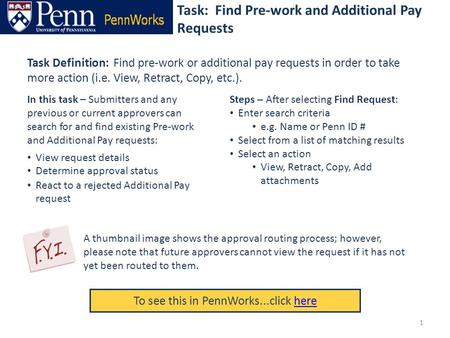 Task: Find Pre-work and Additional Pay Requests To see this in PennWorks...click herehere Task Definition: Find pre-work or additional pay requests in.