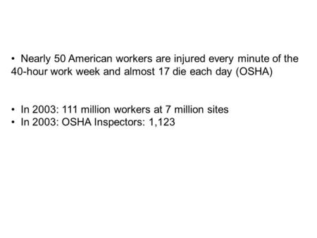 Nearly 50 American workers are injured every minute of the 40-hour work week and almost 17 die each day (OSHA) In 2003: 111 million workers at 7 million.