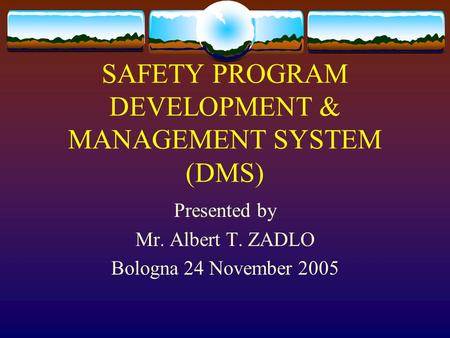 SAFETY PROGRAM DEVELOPMENT & MANAGEMENT SYSTEM (DMS) Presented by Mr. Albert T. ZADLO Bologna 24 November 2005.