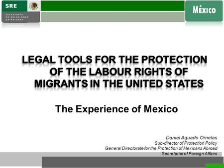 Daniel Aguado Ornelas Sub-director of Protection Policy General Directorate for the Protection of Mexicans Abroad Secretariat of Foreign Affairs The Experience.