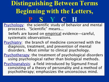 Distinguishing Between Terms Beginning with the Letters, Psychology: the scientific study of behavior and mental processes. “Scientific” means... beliefs.