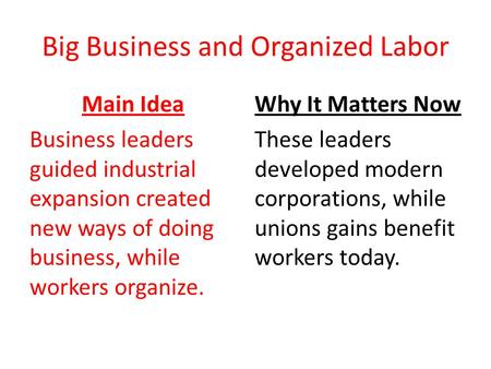 Big Business and Organized Labor Main Idea Business leaders guided industrial expansion created new ways of doing business, while workers organize. Why.