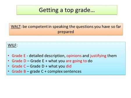 Getting a top grade… WALT: be competent in speaking the questions you have so far prepared WILF: Grade E - detailed description, opinions and justifying.