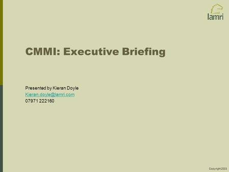 Copyright 2003 CMMI: Executive Briefing Presented by Kieran Doyle 07971 222160.