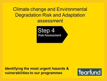 Climate change and Environmental Degradation Risk and Adaptation assessment Step 4 Risk Assessment Identifying the most urgent hazards & vulnerabilities.