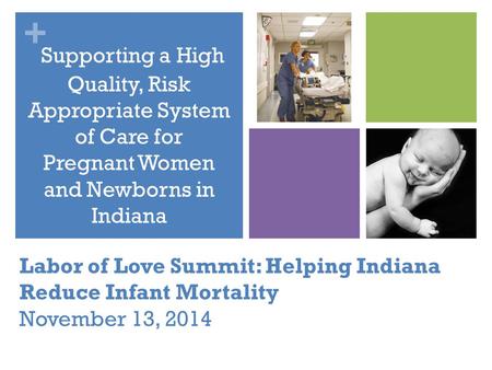 + Labor of Love Summit: Helping Indiana Reduce Infant Mortality November 13, 2014 Supporting a High Quality, Risk Appropriate System of Care for Pregnant.
