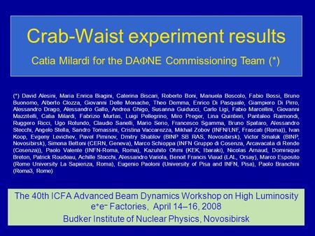 Crab-Waist experiment results The 40th ICFA Advanced Beam Dynamics Workshop on High Luminosity e + e – Factories, April 14–16, 2008 Budker Institute of.