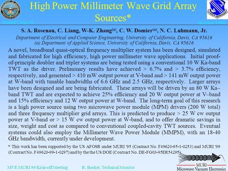 MVE MURI 99 Kick-off MeetingR. Barker, Technical Monitor Started 1 May 99 October 1999 High Power Millimeter Wave Grid Array Sources* A novel, broadband.