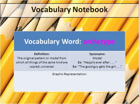 Vocabulary Word: archetype Definition: The original pattern or model from which all things of the same kind are copied; universal Synonyms: Model Ex: “Happily.