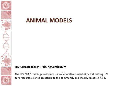 ANIMAL MODELS HIV Cure Research Training Curriculum The HIV CURE training curriculum is a collaborative project aimed at making HIV cure research science.