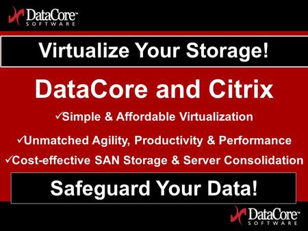 DataCore Software Proprietary Information Virtualize Your Storage! DataCore and Citrix Simple & Affordable Virtualization Unmatched Agility, Productivity.