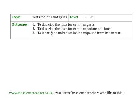 Www.thescienceteacher.co.ukwww.thescienceteacher.co.uk | resources for science teachers who like to think TopicTests for ions and gasesLevelGCSE Outcomes1.To.