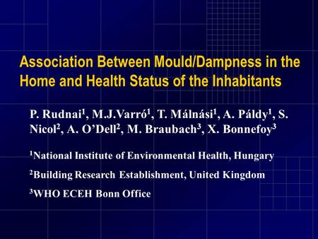 Association Between Mould/Dampness in the Home and Health Status of the Inhabitants P. Rudnai 1, M.J.Varró 1, T. Málnási 1, A. Páldy 1, S. Nicol 2, A.