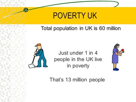 POVERTY UK Just under 1 in 4 people in the UK live in poverty That’s 13 million people Total population in UK is 60 million.