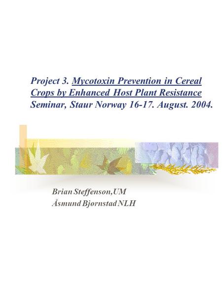 Project 3. Mycotoxin Prevention in Cereal Crops by Enhanced Host Plant Resistance Seminar, Staur Norway 16-17. August. 2004. Brian Steffenson,UM Åsmund.