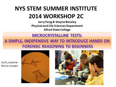 NYS STEM SUMMER INSTITUTE 2014 WORKSHOP 2C Jerry Fong & Wayne Bensley Physical and Life Sciences Department Alfred State College AuCl 3 :cocaine Micro-crystals.