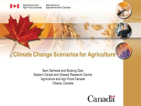 Climate Change Scenarios for Agriculture Sam Gameda and Budong Qian Eastern Cereal and Oilseed Research Centre Agriculture and Agri-Food Canada Ottawa,