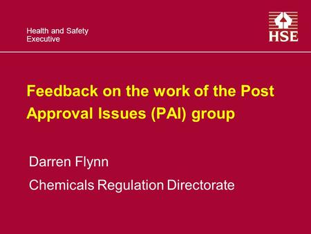 Health and Safety Executive Feedback on the work of the Post Approval Issues (PAI) group Darren Flynn Chemicals Regulation Directorate.