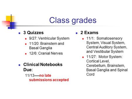 Class grades 3 Quizzes Clinical Notebooks Due: 2 Exams