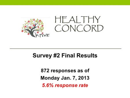 HEALTHY CONCORD Survey #2 Final Results 872 responses as of Monday Jan. 7, 2013 5.6% response rate.