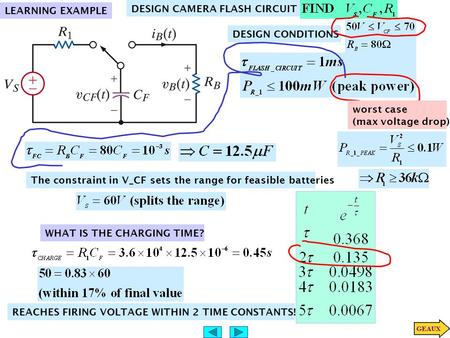 LEARNING EXAMPLE DESIGN CAMERA FLASH CIRCUIT DESIGN CONDITIONS worst case (max voltage drop) The constraint in V_CF sets the range for feasible batteries.