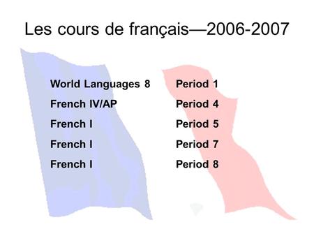 Les cours de français—2006-2007 World Languages 8Period 1 French IV/APPeriod 4 French IPeriod 5 French IPeriod 7 French IPeriod 8.