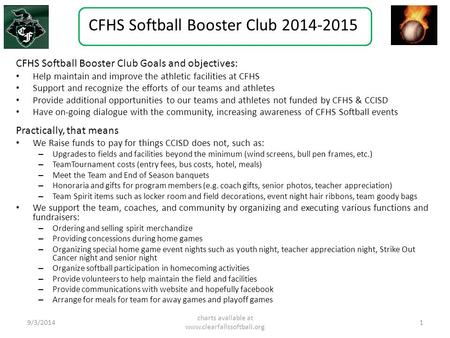 CFHS Softball Booster Club 2014-2015 CFHS Softball Booster Club Goals and objectives: Help maintain and improve the athletic facilities at CFHS Support.