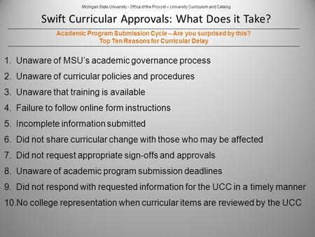 Swift Curricular Approvals: What Does it Take? Michigan State University - Office of the Provost – University Curriculum and Catalog Academic Program Submission.