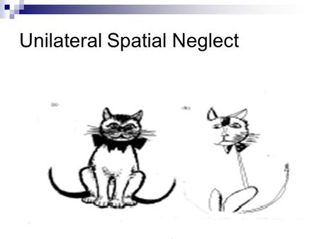 Unilateral Spatial Neglect. Unilateral Neglect Characterised by a failure to attend, respond or orient to a stimulus or side opposite the lesion which.