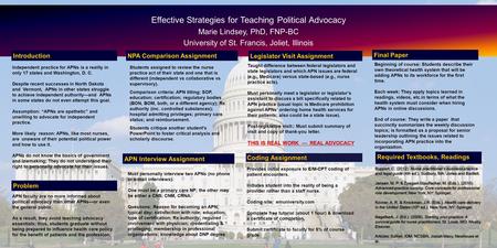 Effective Strategies for Teaching Political Advocacy Marie Lindsey, PhD, FNP-BC University of St. Francis, Joliet, Illinois IntroductionNPA Comparison.