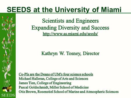 SEEDS at the University of Miami. SEEDS Steering Committee Su Sponaugle, Jackie Dixon, Maria Diaz (SEEDS Distinguished Lecturer) Kathryn Tosney, Rana.