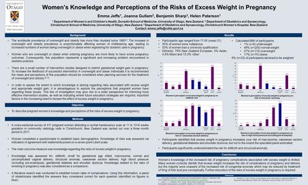 Women’s Knowledge and Perceptions of the Risks of Excess Weight in Pregnancy Emma Jeffs 1, Joanna Gullam 2, Benjamin Sharp 3, Helen Paterson 1 1 Department.