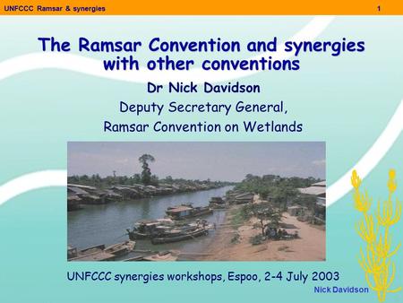 UNFCCC Ramsar & synergies1 Nick Davidson The Ramsar Convention and synergies with other conventions Dr Nick Davidson Deputy Secretary General, Ramsar Convention.