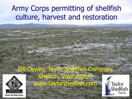 Army Corps permitting of shellfish culture, harvest and restoration Bill Dewey, Taylor Shellfish Company Shelton, Washington www.taylorshellfish.com.