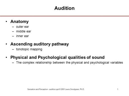 Sensation and Perception - audition.ppt © 2001 Laura Snodgrass, Ph.D.1 Audition Anatomy –outer ear –middle ear –inner ear Ascending auditory pathway –tonotopic.