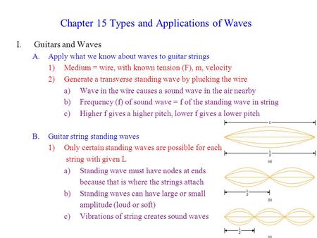 Chapter 15 Types and Applications of Waves I.Guitars and Waves A.Apply what we know about waves to guitar strings 1)Medium = wire, with known tension (F),