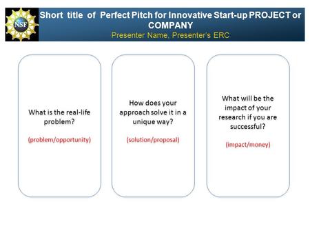 Short title of Perfect Pitch for Innovative Start-up PROJECT or COMPANY Presenter Name, Presenter’s ERC What will be the impact of your research if you.