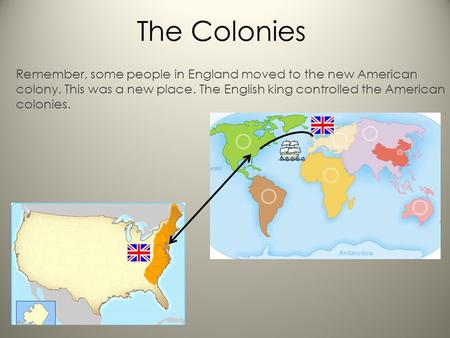 The Colonies Remember, some people in England moved to the new American colony. This was a new place. The English king controlled the American colonies.