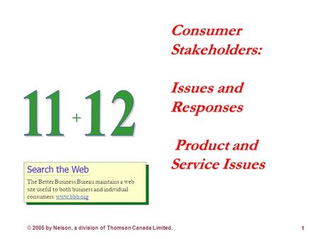 © 2005 by Nelson, a division of Thomson Canada Limited. 1 Consumer Stakeholders: Issues and Responses Product and Service Issues Search the Web The Better.
