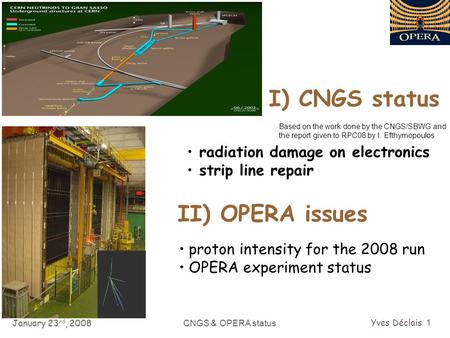 January 23 rd, 2008 CNGS & OPERA status Yves Déclais 1 I) CNGS status radiation damage on electronics strip line repair II) OPERA issues Based on the work.