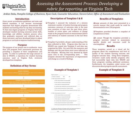 Assessing the Assessment Process: Developing a rubric for reporting at Virginia Tech Ardian Daku, Pamplin College of Business; Ryan Cook, Counselor Education;