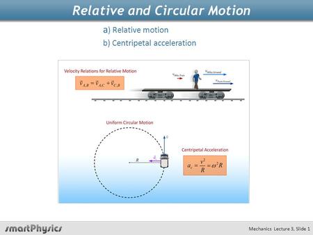 Relative and Circular Motion Mechanics Lecture 3, Slide 1 a ) Relative motion b) Centripetal acceleration.