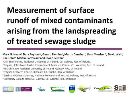 Measurement of surface runoff of mixed contaminants arising from the landspreading of treated sewage sludge Mark G. Healy 1, Dara Peyton 1,2, Gerard Fleming.