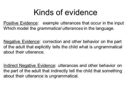 Kinds of evidence Positive Evidence:example utterances that occur in the input Which model the grammatical utterances in the language. Negative Evidence:correction.