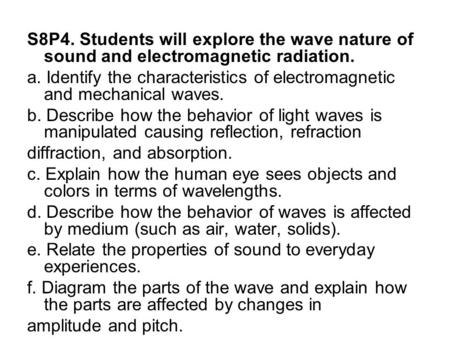 S8P4. Students will explore the wave nature of sound and electromagnetic radiation. a. Identify the characteristics of electromagnetic and mechanical waves.