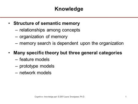 Cognitive - knowledge.ppt © 2001 Laura Snodgrass, Ph.D.1 Knowledge Structure of semantic memory –relationships among concepts –organization of memory –memory.