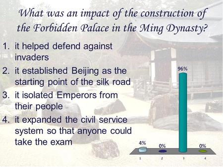 What was an impact of the construction of the Forbidden Palace in the Ming Dynasty? 1.it helped defend against invaders 2.it established Beijing as the.
